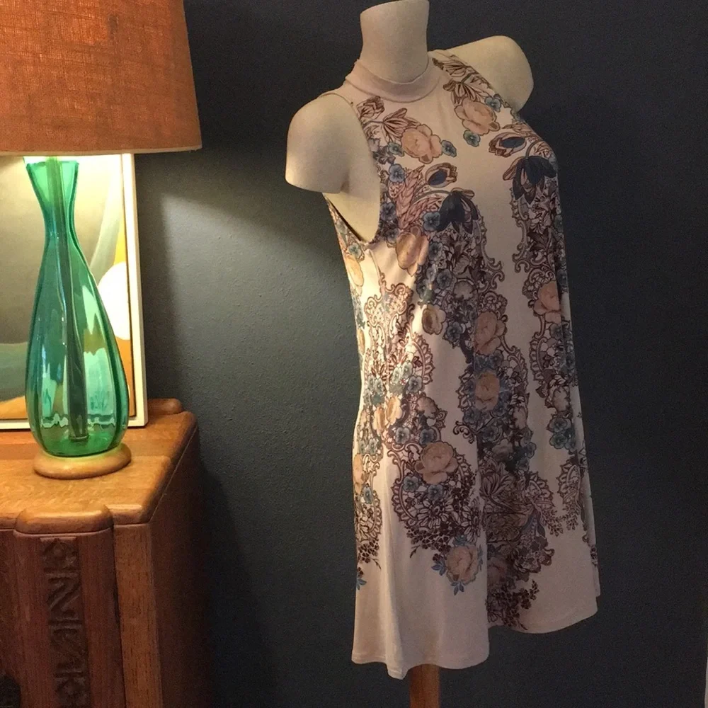 NWT High Neck Tan Blue Print Mini Dress S - Picture 2 of 5